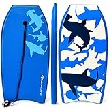 Goplus Super Body Board, Lightweight Bodyboard with EPS Core, XPE Deck, HDPE Slick Bottom, Premium Leash & Adjustable Wrist Rope, Perfect Surfing for Kids and Adults (Blue Shark, 33-inch)
