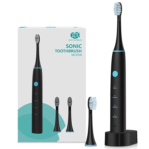 JZT Sonic Electric Toothbrush, Wireless Rechargeable Toothbrush for Adults, 2 Pedex Brush Heads & 4 Modes, Patent Motor for 30-year Using (2-Min Timer, IPX7 Waterproof, USB Quick charge) - MC5100