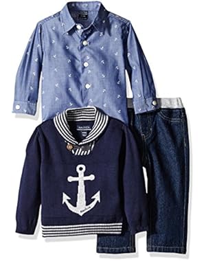 Nautica Baby Boys' Three Piece Set with Woven Shirt, Anchor Sweater and Pant