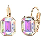 Austrian Crystal Octagon Leverback Drop Earrings for Women 14K Rose Gold Plated Hypoallergenic Jewelry
