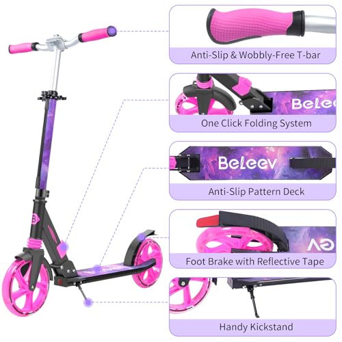 BELEEV Big Wheel Scooter with LED Luminous Steering Column, Deck, Height Adjustable, ABEC-9, 200 mm Wheels, Suspension, Carry Strap, Foldable City Scooter Children from 6 Years, Teenagers, Adults