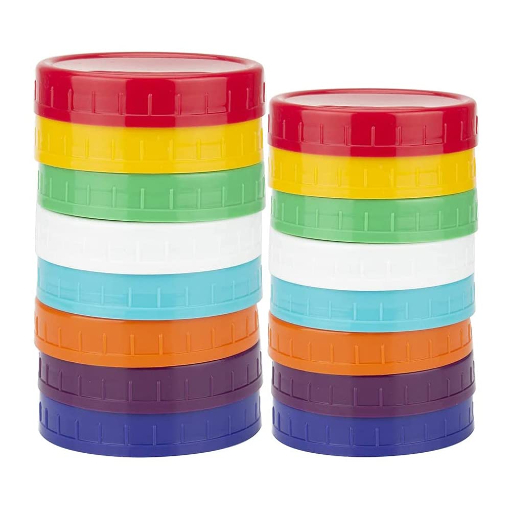 Tiardey 16 Pcs Colored Plastic Mason Jar Canning Lids – 8 Wide Mouth(86mm) & 8 Regular Mouth(70mm) Ball Mason Lids