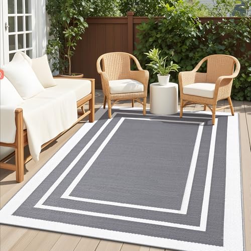 Homaxy Waterproof Outdoor Rug, Anti-slip Reversible UV Resistant Garden Rugs, Easy Cleaning Carpet for Camping, Patio, Beach, Picnic, Backyard - 120 x 180 cm, Grey & White