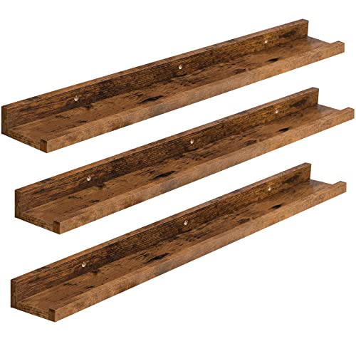 HOOBRO Floating Shelves for Wall, Wooden Floating Shelves Set of 3, Wall Mounted Shelves for Living Room, Wall Shelf with Raised Edge, Invisible Bracket, for Bathroom, Bedroom, Rustic Brown EBF90BJ01