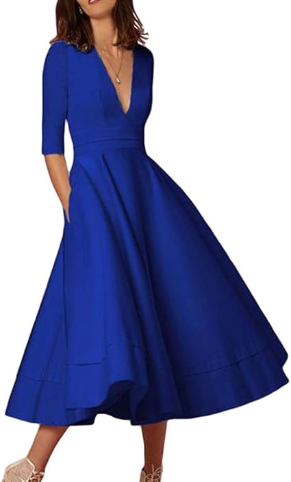 Amazon Com Memorytime Women Dresses Solid Color Elegant V Neck Half Sleeve One Piece Cocktail Dress For Party Blue S Garden Outdoor