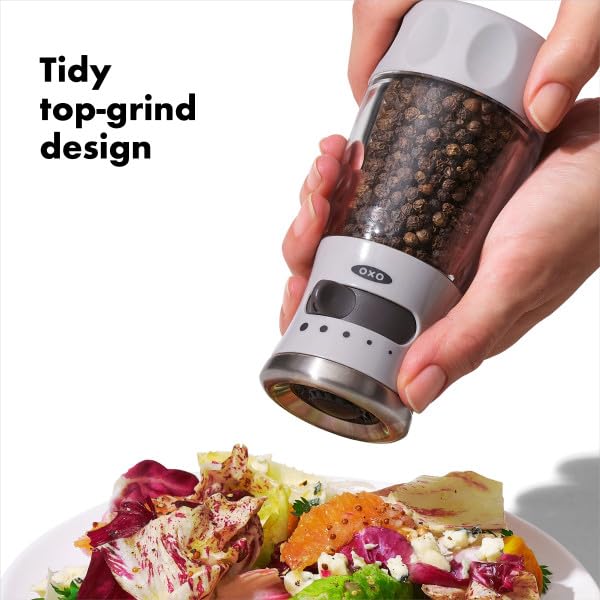 OXO Good Grips Contoured Mess-Free Pepper Grinder, Adjustable Ceramic Grinder with Five Settings, Black Pepper Mill for Home and Kitchen, Spice Tool and Kitchen Gadget