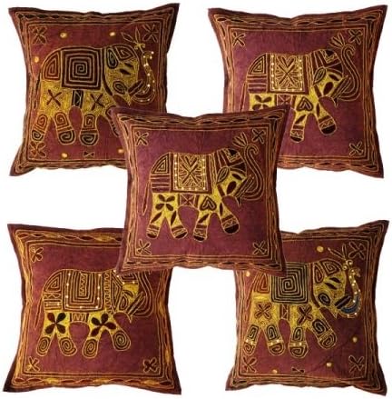 Sophia Art 5 pcs Handcrafted Embroidered Ethnic Indian Elephant Throws Pillow Cases Toss Cushion Covers (Marron)