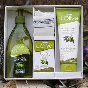 Dalan Geschenkset Olive- Seife, Waschgel, Creme und Peelinghandschuh-Hamam-Hautpflege, Oliven Kosmetik