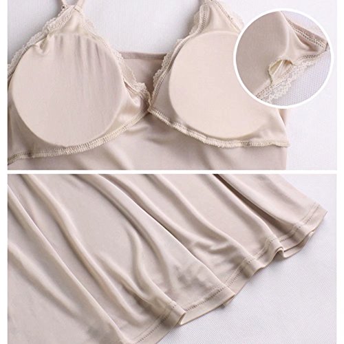 100% Mulberry Silk Long Spaghetti Strap Full Slips Dresses Built-in-Bra Removable Cup Camisole Under Dress Liner,Nude,US M