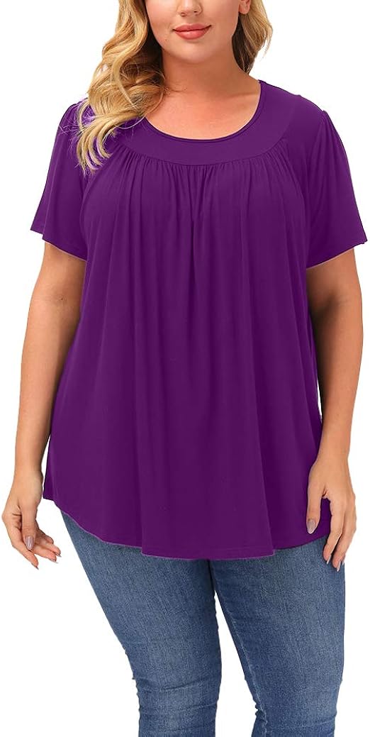 Allegrace Plus Size Tops Women Short Sleeve Shirts Summer Pleated Loose T-Shirts Purple 3X at 