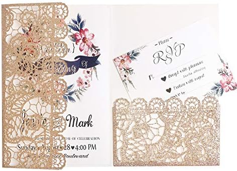 FEIYI 20pcs 3 Folds 5×7" Laser Cut Lace Flower Pattern Invitations Cards for Birthday Baby Shower Wedding Rehearsal Dinner Invites Birthday Invites (Gold Glitter)