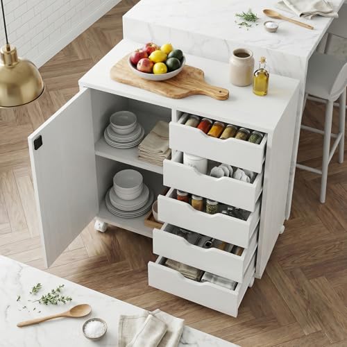 Simple Wisdom Archivero Organizador con 5 Cajones,Archivero con Llave de Oficina con Estantes Ajustables y Ruedas,Soporte para Impresora para Oficina en Casa(Blanco)