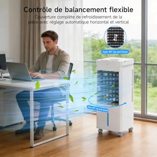Climatiseur Mobile, Rafraichisseur d'air avec Réservoir de 12L, 8 Cristaux de Glace, 3 Modes, 12 Vitesses, Oscillation, Minuterie, Télécommand,Ventilateur Rafraîchissant pour Maison, Bureau