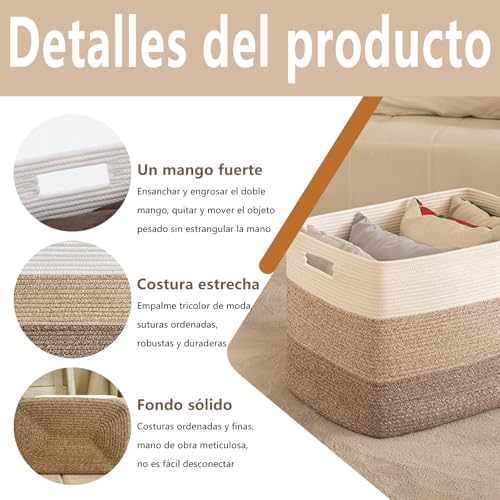 NUIO Canastas Organizadoras, Cesta de Manta Grande 55x43cm, Organizador de Pañales para Bebe, Cesta de Manta de Cuerda de Algodón para Sala de Estar, Lavandería, Guardería, Almohadas (khaki)