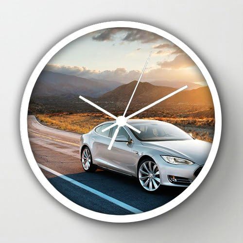 10" Diameter Wall Clock with Tesla Model S(1) White Frame Modern Design Watch Wall 10" Diameter Unique Wall Clocks