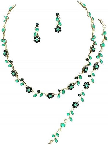 Amazon Com Affordable Wedding Jewelry Emerald Greeb Crystal 3 Pcs Set Gold Necklace Bracelet Earring Bridal Formal Green Jewelry