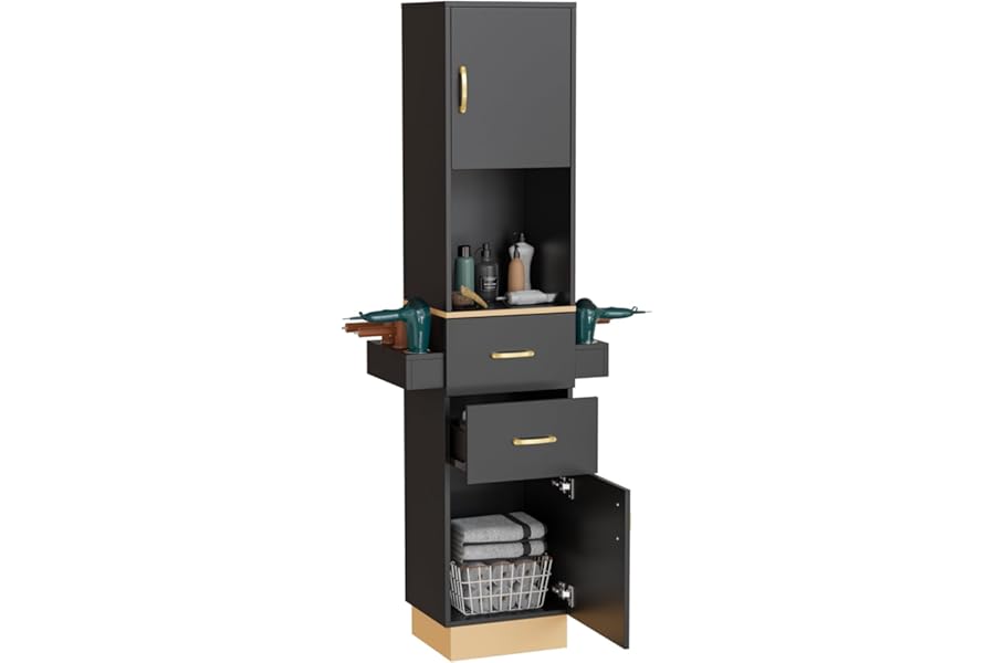 Salon Stations for Hair Stylist, Barber Station Hair Salon Station, Beauty Salon Spa Equipment with 2 Drawers, 2 Storage Cabinet, 6 Hair Dryer Holders for Hair Styling, Black Gold