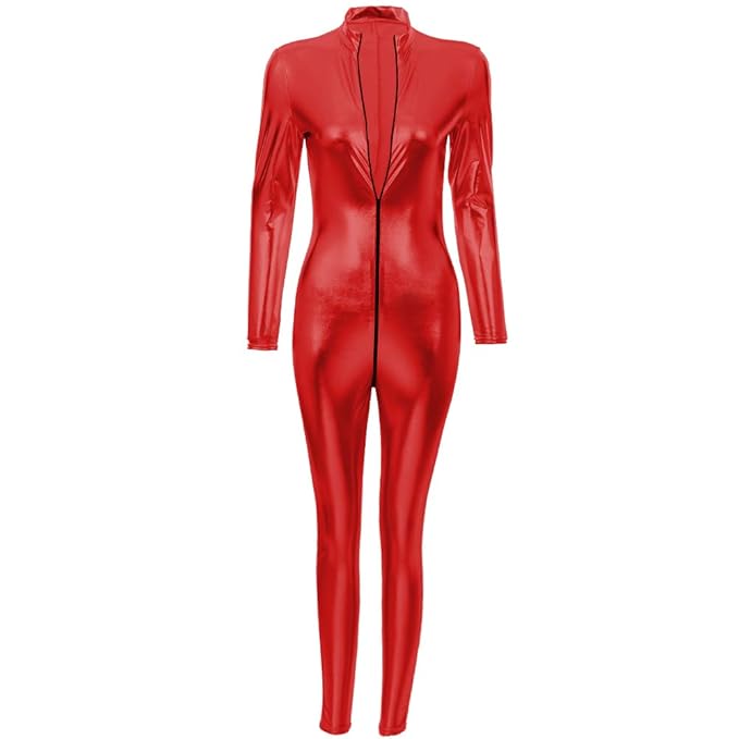 Catsuit Sexy Overall Erwachsener Cosplay Kostüm Damen Catwoman Overall PVC Glanz Wetlook Leder Clubwear Body Hosenanzug Reißv