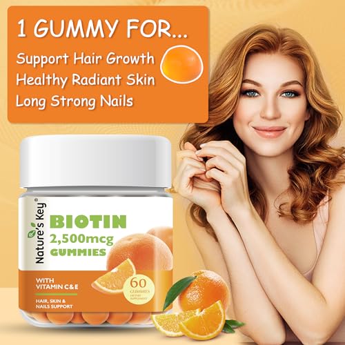 NATURE’S KEY BIOTIN GUMMIES WITH VITAMIN C AND E, SUPPORT HAIR NAILS GROWTH & BEAUTIFUL SKIN FOR WOMEN MEN AND KIDS, VEGAN, ORANGE FLAVORS 60 COUNT