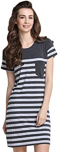 Womens Ladies Modal Cotton Short Nightshirt Striped Nightdress Summer Nightwear (L)