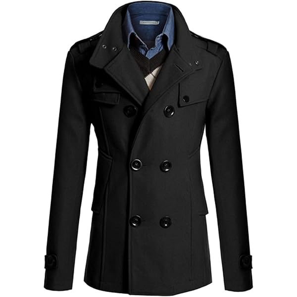 Lars Amadeus Men's Black Pea Coats Stand Collar Double Breasted