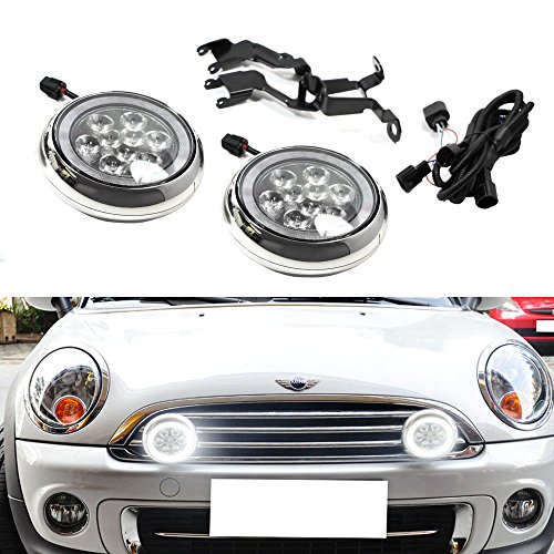 iJDMTOY Chrome Finish LED Rally Driving Lights with Halo Ring LED Daytime Running Lamp Assembly For MINI Cooper