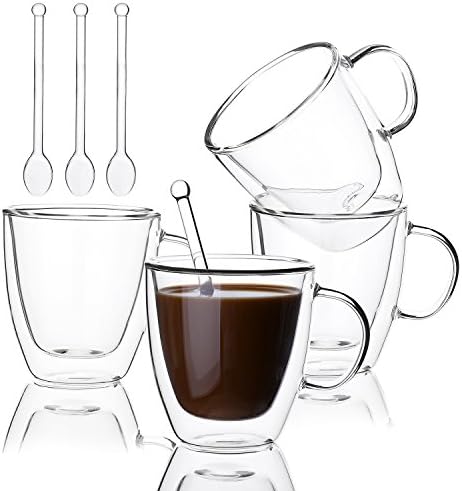 Mandydov Insulated Coffee Cups Set Double Walled Glasses Coffee Mugs or Tea Cups for Espresso, Latte, Cappuccino, Thermo Glassware - (6 Ounce/180ml, Set of 4 Cups and 4 Spoons)