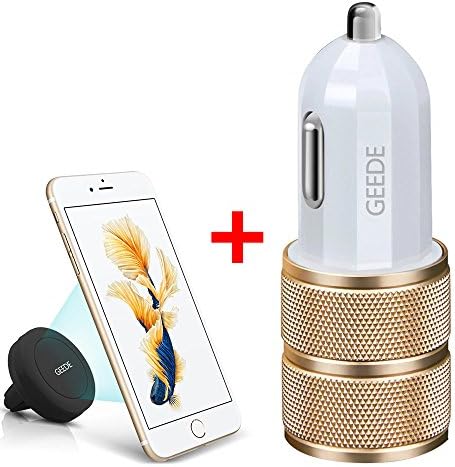 Car Charger + Air Vent Magnetic Car Mount Holder [2 in 1], 2.1A / 24W 2-Port Fast Charging GEEDE Car Charger with 360 Degree Universal Air Vent Car Mount Holder for Cell Phone and Mini Tablets (Gold)