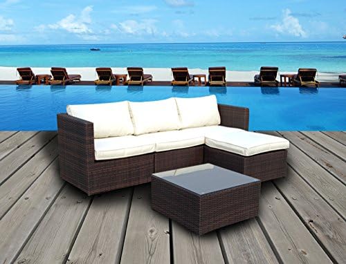 Emerald Bay Collection - 5 Pc Outdoor Rattan Wicker Corner Chaise Sofa Sectional Patio Furniture Set. Choice of Set &amp; Cushion Color (Mixed Brown / Ivory Cushions)