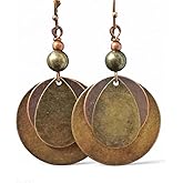 Vintage Layered Copper Disc Earrings, Brass Beads, Antique Bronze Finish, Boho Style Dangle Drop