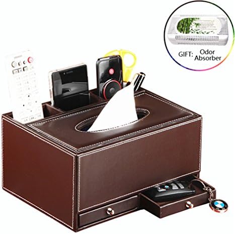 Multi-functional Pu Leather Desk Organizer Office Supply Caddy with Tissue Box Holder and 3 Compartments 2 Small Drawer,for Pencil,Remote Control ,Cosmetics Holder Organizer (Brown)