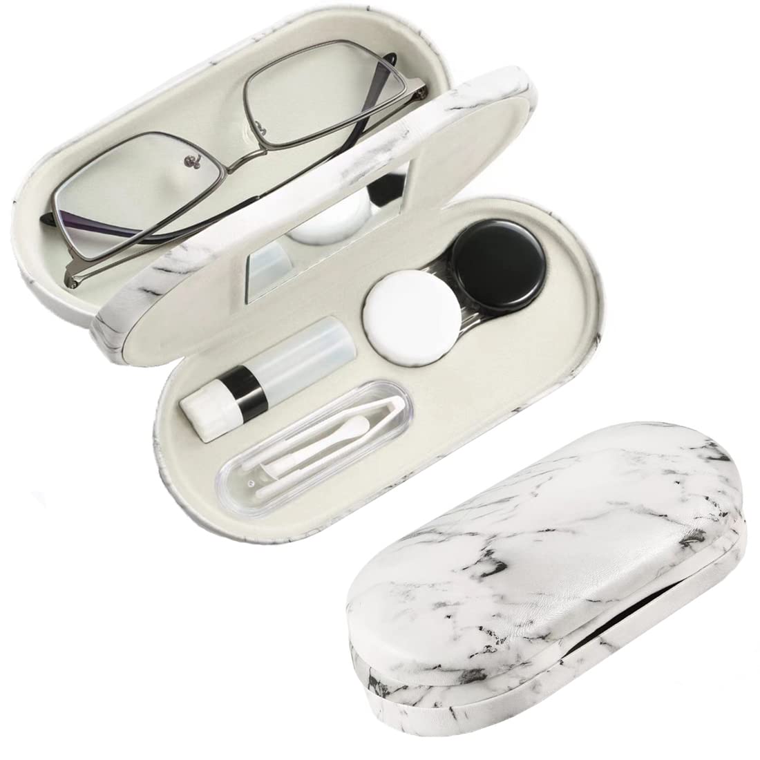 MULOVE Eyeglass and Contact Lens Case, 2 in 1 Portable Glasses with Marbling, Multifunction, Durable, Compact, Double Storage Kit,Marble Color