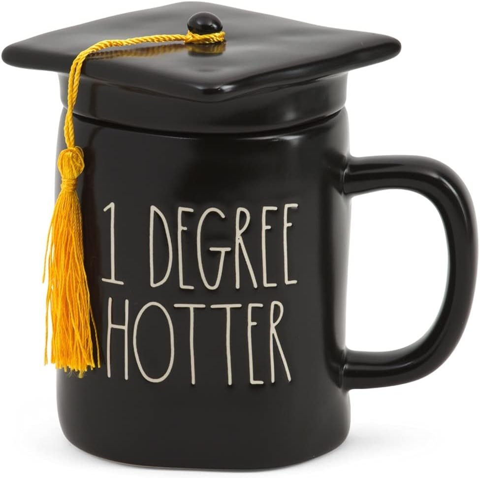 Rae Dunn 1 DEGREE HOTTER ceramic coffee cup/ mug with graduation hat and tassel lid
