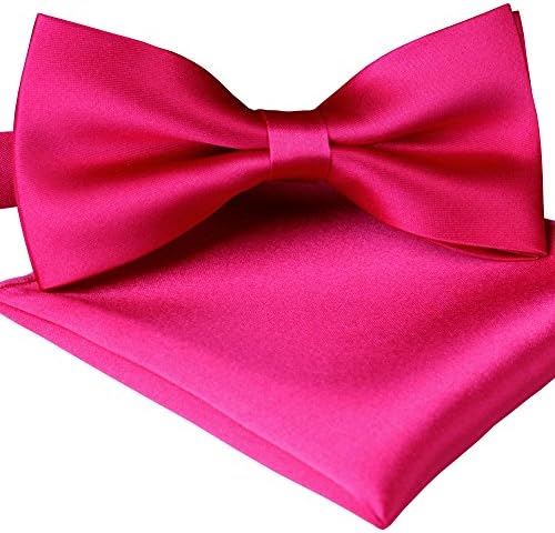 ST34 Brand new Solid Pre tied Silk Feel Satin Tuxedo bow ties and Pocket Square SET For MENS -Various Colors (BB-1113 Magenta Set)