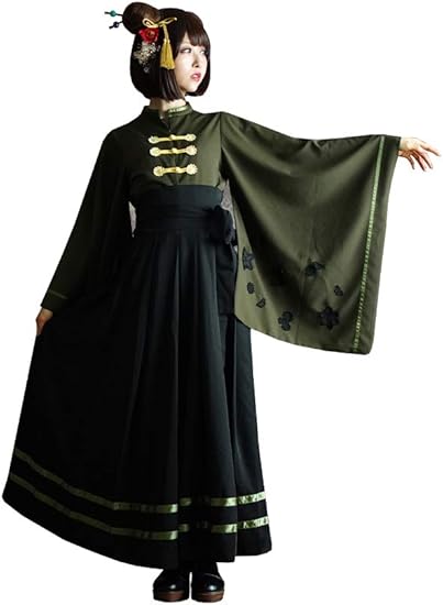 Amazon Co Jp Favoriteオリジナル Designコンテスト作品 和洋折衷 着物スリーブ チャイナボタンtopsと漆黒の袴風スカート ２点セットのアンサンブル 服 ファッション小物