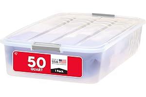 IRIS USA 50 Qt Plastic Under Bed Storage Organizer Bin Container with Secure Lids and Durable Black Buckles, Multi-Purpose for Clothes Shoes Clothing Bedding, Long, Clear