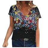 Colorful Flowers Graphic Tees for Women V Neck