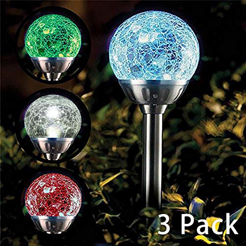 Solpex 3 Pcs Solar Garden Lights Outdoor, Color Changing & White Two LEDs, Decorative Ball Solar Lights for Patio/Lawn/Yard/Path/Landscape. (Crackled Glass)