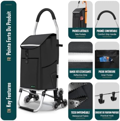 ® Carrito Compra Plegable de Aluminio, Carro de la Compra 6 Ruedas con Bolsa Oxford Desmontable y Ganchos, 58L, Negro