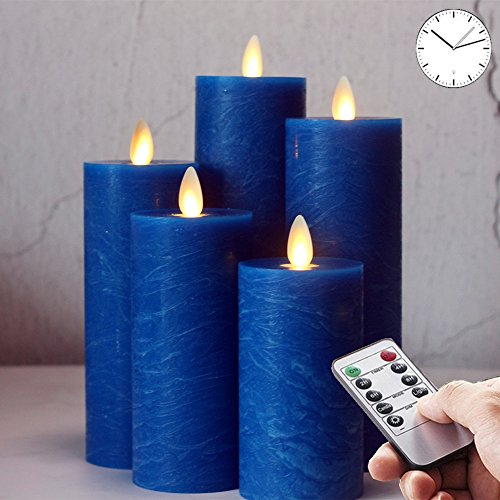 NONNO&ZGF Set of 5 Blue Frost Matte Water Ripple Moving Wick Flameless Flickering Pillar Thin Candles,Ice Crack Blue Wax Candles with Remote Control - Thumbnail 7