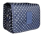 Portable Hanging Travel Cosmetic Bag - Lady Color Folding Organizer Travel Makeup Toiletry Bathroom Bag for Women / Men, Shaving Kit with Hanging Hook for vacation (Navy Dot)