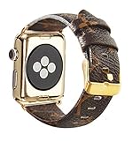 Leather Bands Compatible Apple Watch 42mm 44mm Series 4/3/2/1 Classic Rose Gold Buckle Replacement Strap Wristbands Stainless Steel Adapters (Brown 42mm)