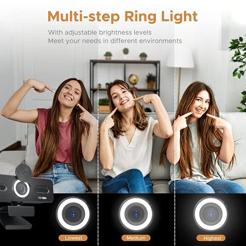 Truefree 2K QHD Webcam with Microphone, Adjustable Ring Light & Privacy Cover, Autofocus USB Web Camera, Plug and Play, 110° Wide Angle, for Mac Desktop Laptop, Streaming Webcam for Zoom/Skype/YouTube
