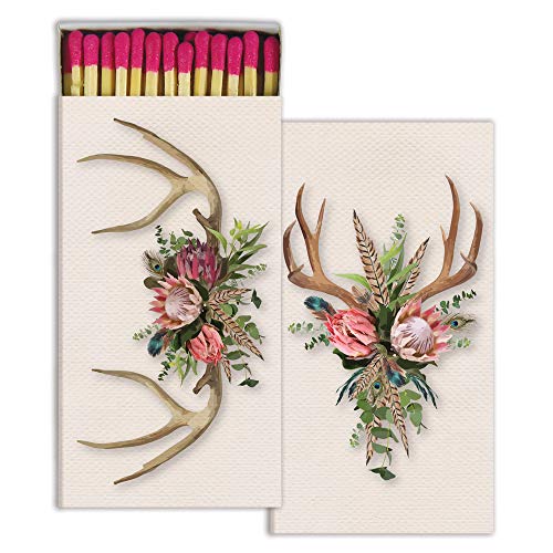 Decorative Bohemian Antlers Match Box with Long Kitchen Matches Great for Lighting Candles, Grills, Fireplaces and More