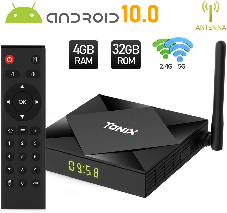 TX6S Android 10.0 TV Box 4GB RAM 32GB ROM Allwinner H616 64-bit Quad core Cortex-A53 CPU Support 2.4/5GHz Dual WiFi BT 4.1 10/100M Ethernet 3D 4K Ultra H.265 Voice Remote HDMI 2.1 Smart TV BOX