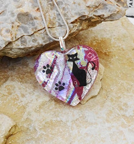 Pink Dichoric Glass Heart Pendant, Cat Lover Pendant