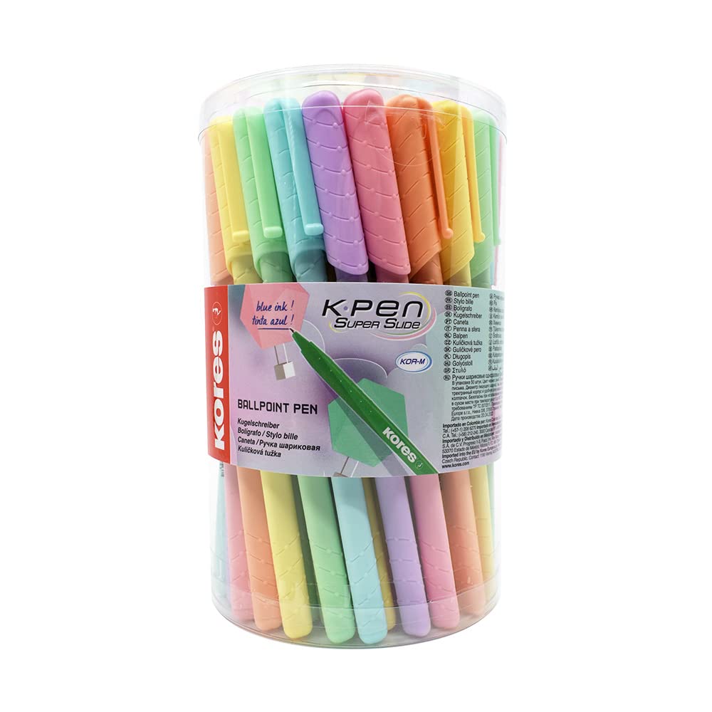 Kores - Pastel-Themed, Blue Ink Ballpoint Pens - K0R-M Pastel Pens, 1mm, Triangular, Blue Semi-Gel Ink - Revision Supplies, Crafts and Writing Pens, Pens Multipack - Set of 50