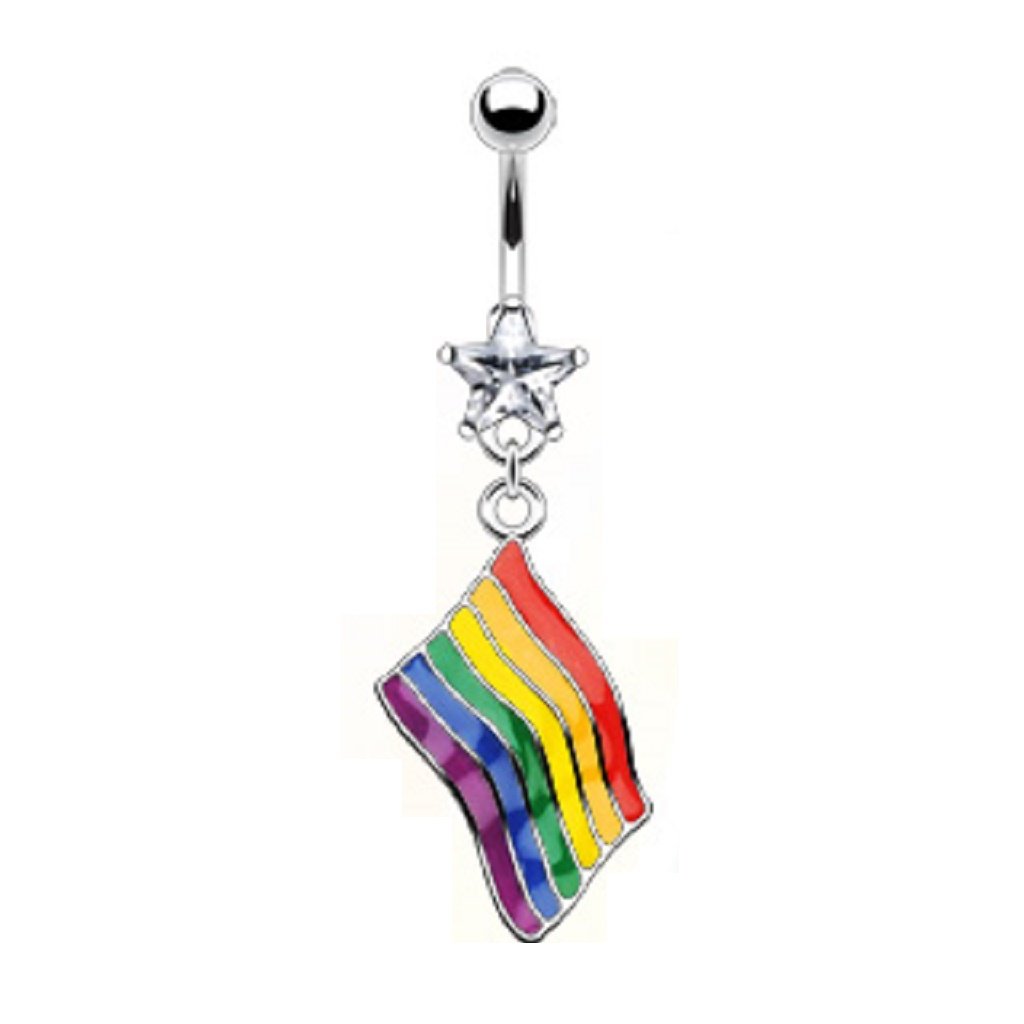 PiercedOff 316L Surgical Steel Belly Bar with Gay Pride Flag Dangle - Thickness 14GA (1.6mm) / Length 10mm / Ball Size Top 5mm and 8mm Lower/Flag Size 24mm