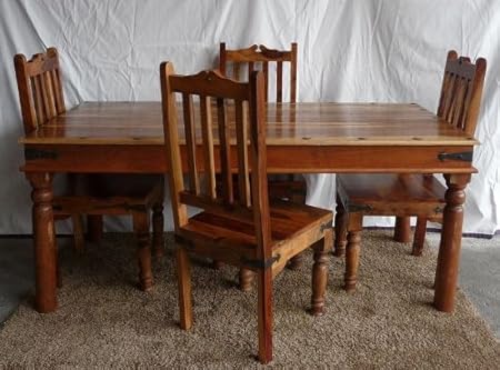 Jali Medieval Gothic Rustic Natural Honey Sheesham Indian Rosewood Dining Table Set 4 Chairs New Amazon Co Uk Kitchen Home