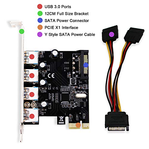 LTERIVER PCI Express 4 Ports Superspeed USB 3.0 Card Adapter for Windows Server,XP,Vista,7,8.0,8.1,10(32/64bit) System-with Y SATA Power Cable(PCE-U3P4)